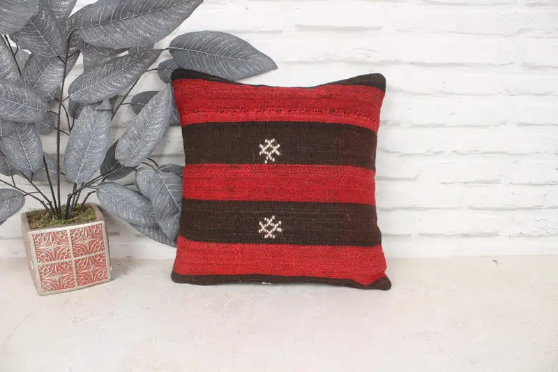Yoga Cushion, Outdoor Bolster Cushion, Vintage Kilim Throw Pillow, Cushion, Antique Pillows, Throw Kilim Pillow, 14x14 Red Pillow Cover - 1