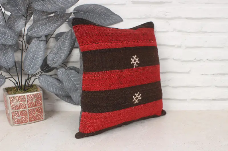 Yoga Cushion, Outdoor Bolster Cushion, Vintage Kilim Throw Pillow, Cushion, Antique Pillows, Throw Kilim Pillow, 14x14 Red Pillow Cover - 3