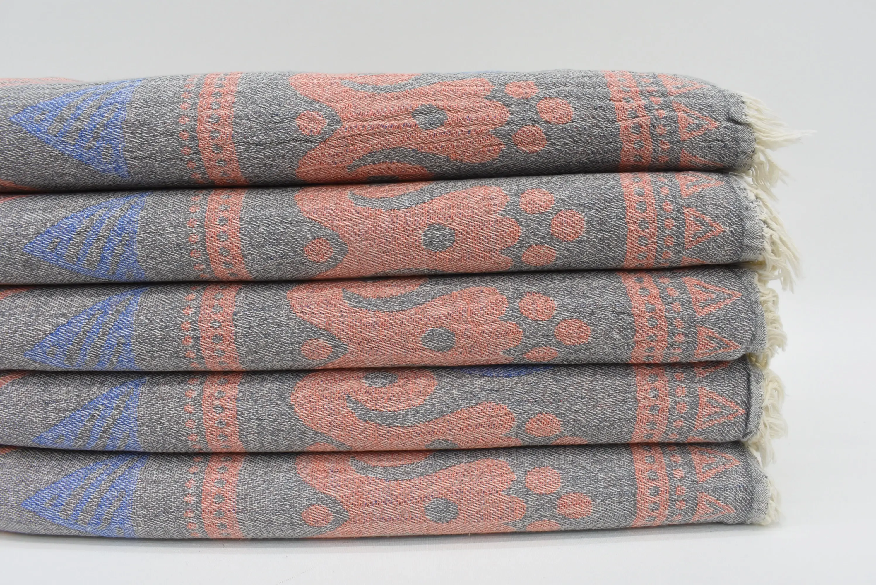 Embroidery Towel Orange-Blue Patterned Turkish Bath Towel, 70x40 Inches - 1