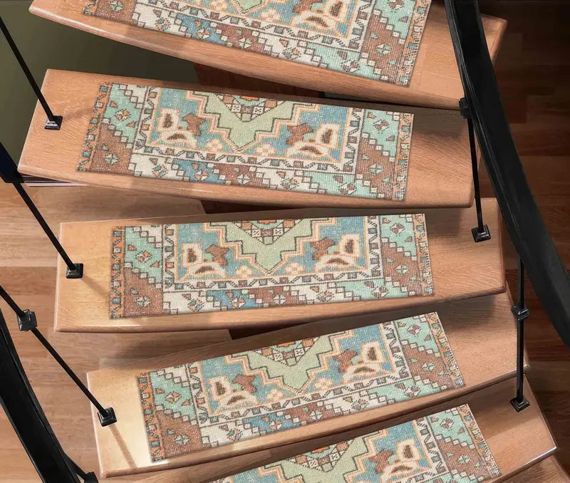 Geometric Pattern Brown Printed Rug: Modern Stair Rug Design