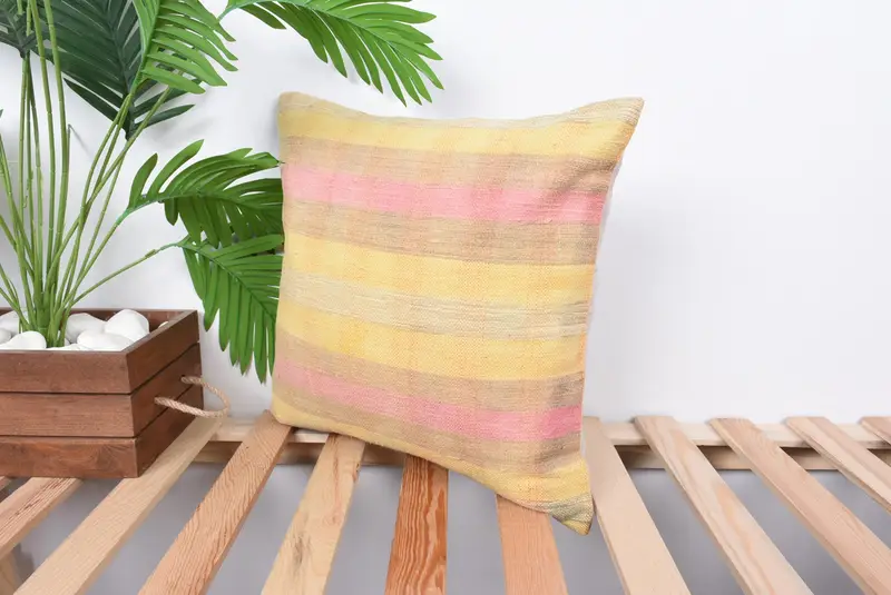 Handmade Throw Pillow Cover, Pillow for Sofa, Cushion Case, Ethnical Kilim Rug Pillow, Vintage Kilim Throw Pillow, 16x16 Yellow Pillow Case - 5