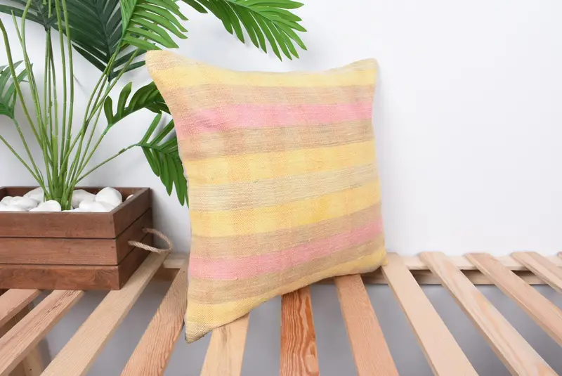 Handmade Throw Pillow Cover, Pillow for Sofa, Cushion Case, Ethnical Kilim Rug Pillow, Vintage Kilim Throw Pillow, 16x16 Yellow Pillow Case - 4