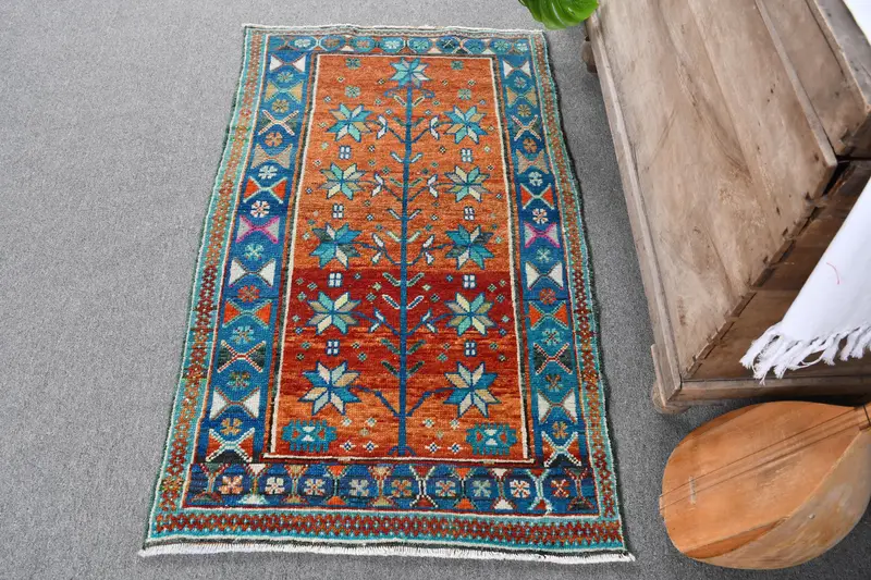 Handmade Orange Rug, 0.2x0.4 ft Blue Bordered