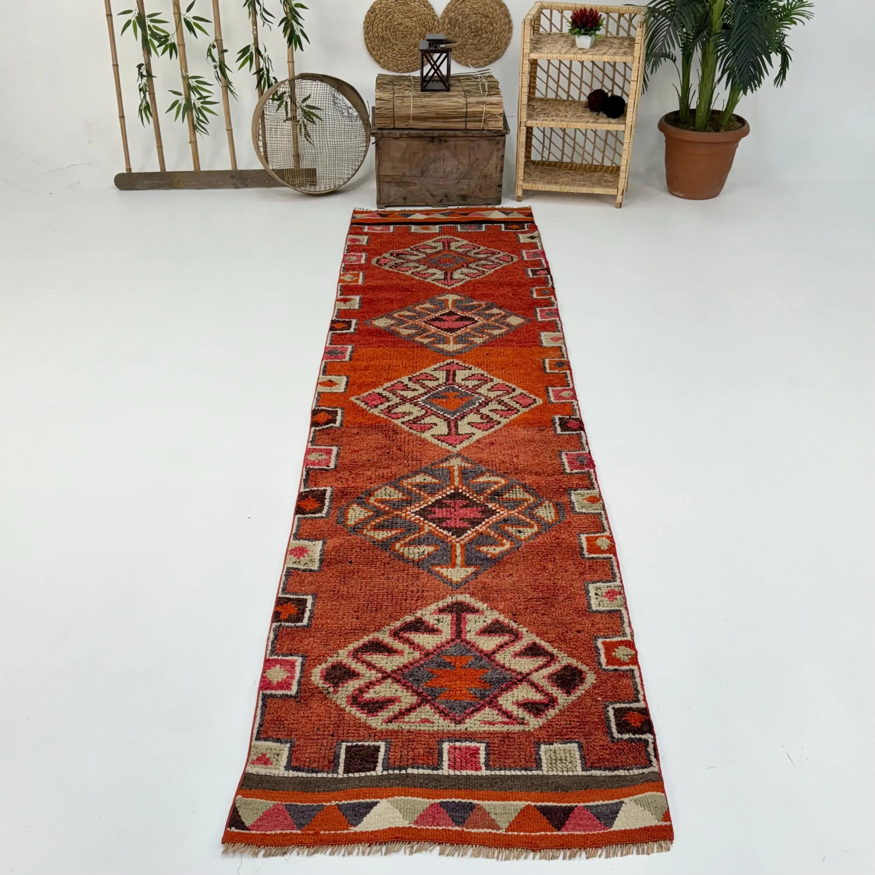 2.8x10.8 ft Runner Turkish Rug, Red Abstract Vintage Rug - 1