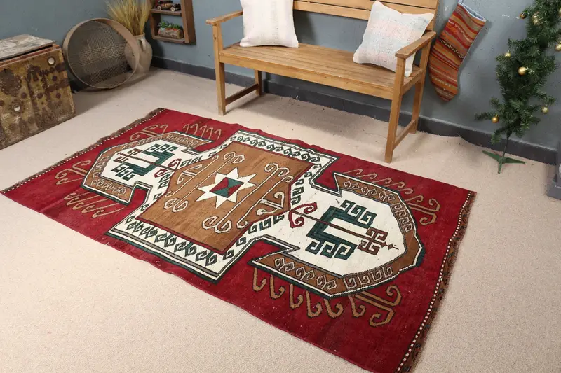 Mor ve Bej Halı, 4,2x7 ft Botanik Tasarım