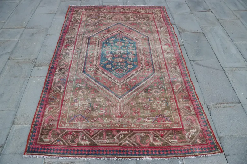 Vintage Turkish Rug, 4.4x6.6 ft Oushak Rug, Red Blue Check Rug - 1