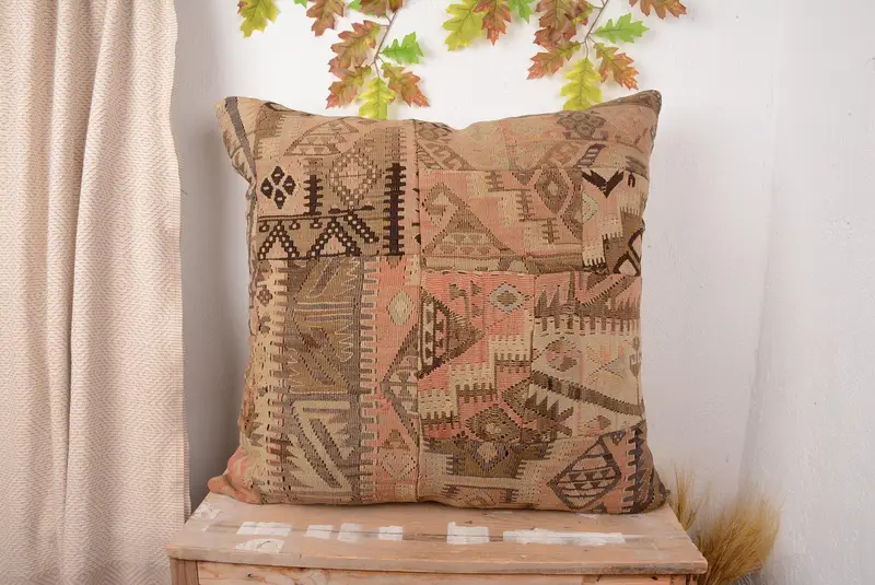 Orange & Brown Patchwork Throw Pillow, Handmade Vintage Cushion