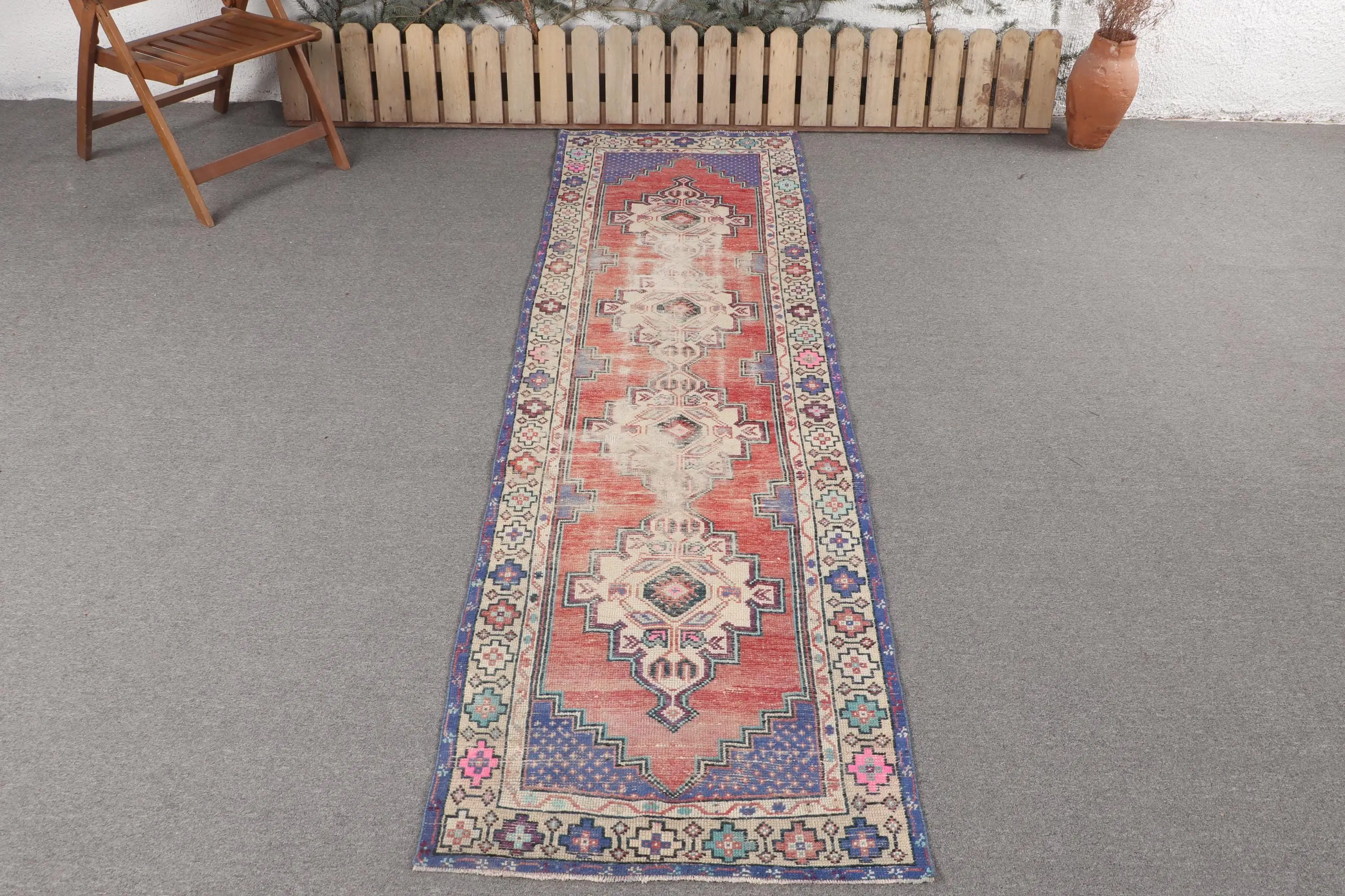 Turkish Rug, Runner 2.7x9 ft Vintage Rug, Red Floral Wool Rug - 1