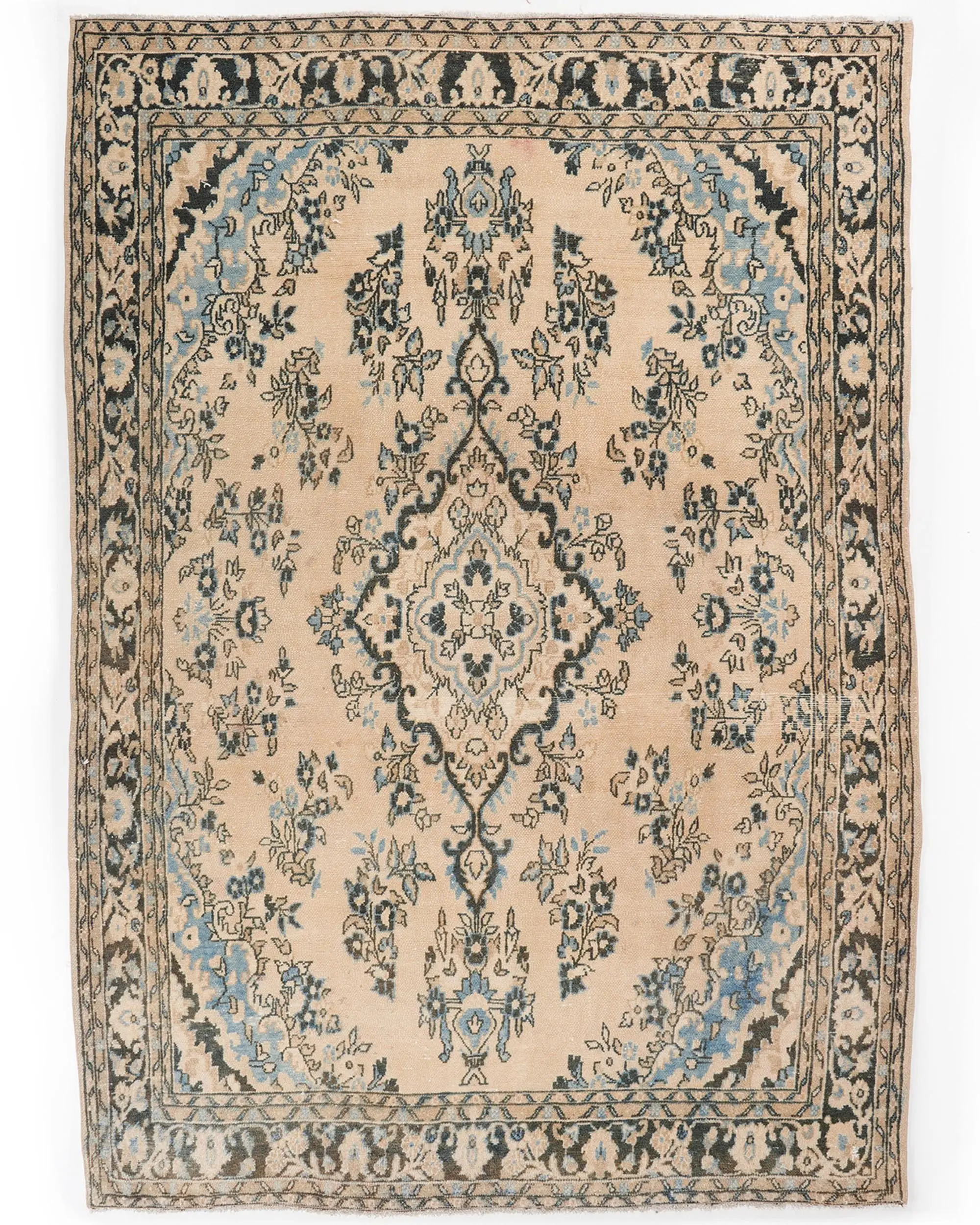 Vintage 7.1x9.7 ft Halı, Büyük Türk Halısı, Mavi Kahverengi Yün Halı - 1