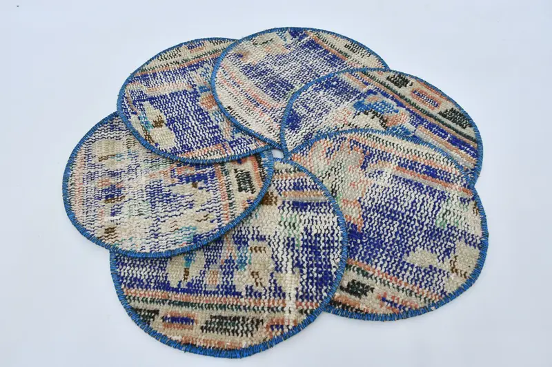 Bohemian Blue & Beige Circle Placemats, Cotton & Wool Placemats