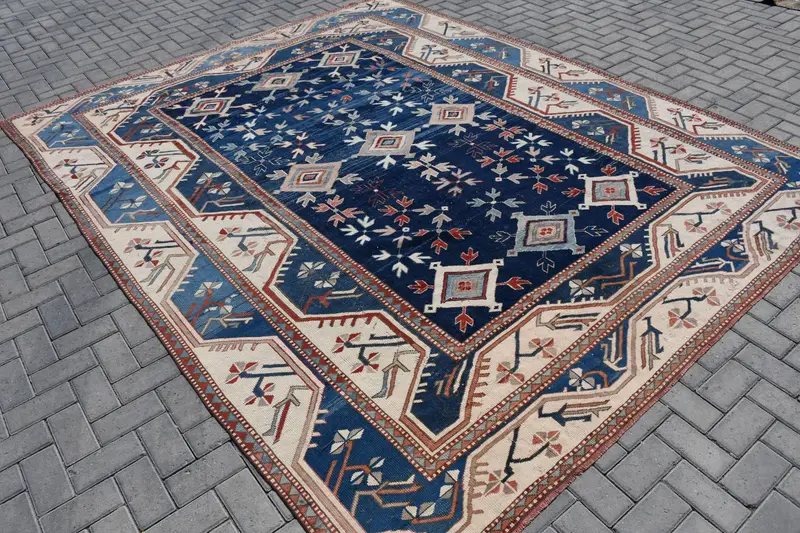 8.7x10.7 ft Oversize Türk Vintage Halısı, Mavi İkat Yün Halı - 1