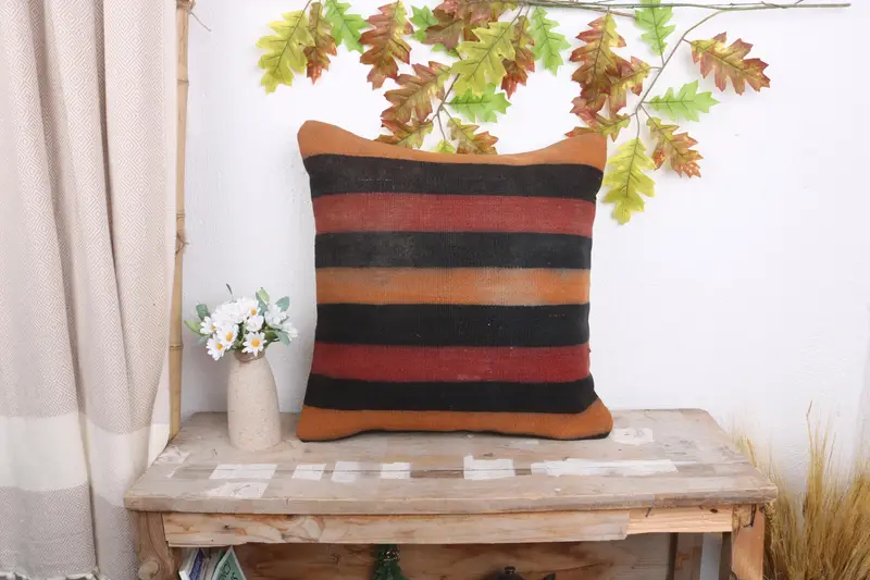 Kilim Cushion Sham, Cushion Cover, Armchair Pillow Sham, 18x18 Orange Cushion Case, Farmhouse Pillow Cover, Boho Pillow, Ethnical Kilim Rug Pillow - 1