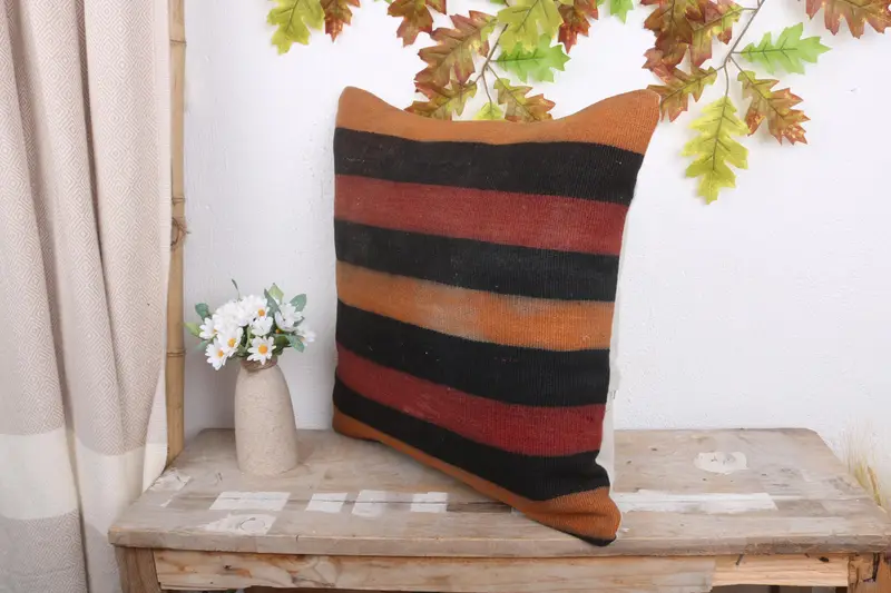 Kilim Cushion Sham, Cushion Cover, Armchair Pillow Sham, 18x18 Orange Cushion Case, Farmhouse Pillow Cover, Boho Pillow, Ethnical Kilim Rug Pillow - 4