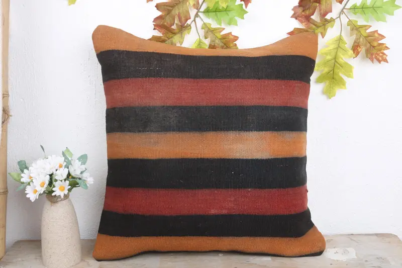Kilim Cushion Sham, Cushion Cover, Armchair Pillow Sham, 18x18 Orange Cushion Case, Farmhouse Pillow Cover, Boho Pillow, Ethnical Kilim Rug Pillow - 2