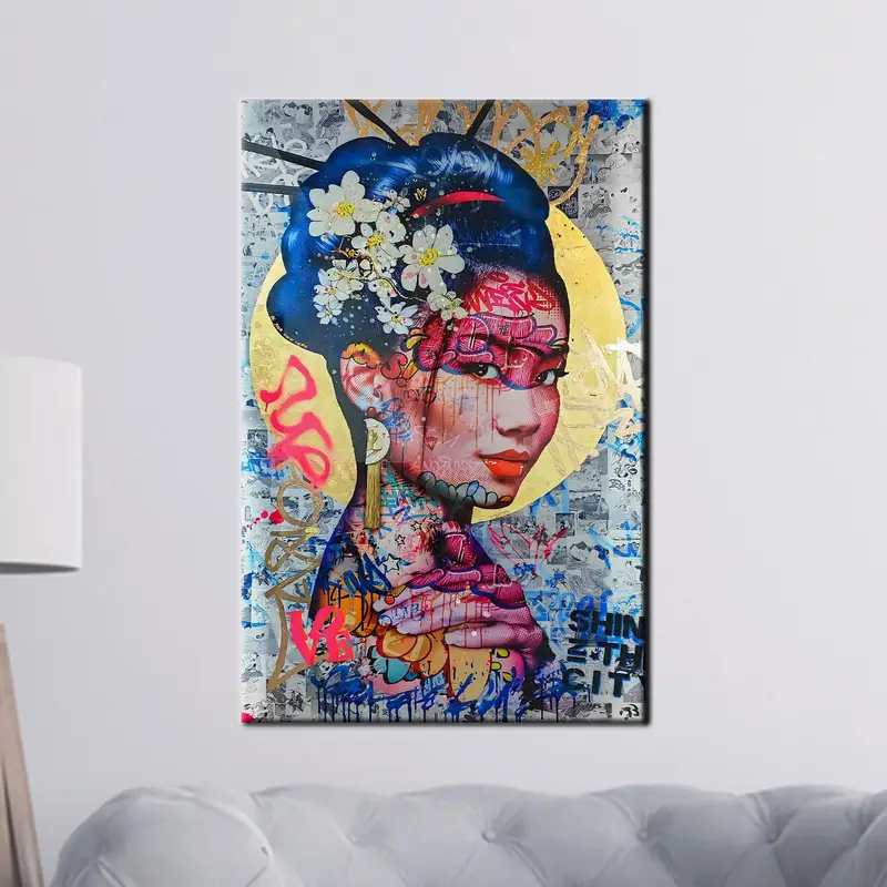 Elegante bedruckte Banksy-Geisha-Leinwand: Moderne Graffiti-Kunst
