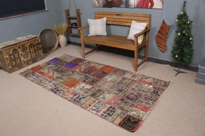 パープルペルシャ絨毯、3.7x7.9フィート、オレンジアクセント付き