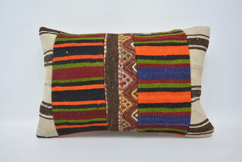 Boho Pillow Sham Cover, Cushion Case, Bright Pillow Case, Turkish Kilim Pillow, Handmade Kilim Cushion, 16x24 Orange Pillow Sham - 1
