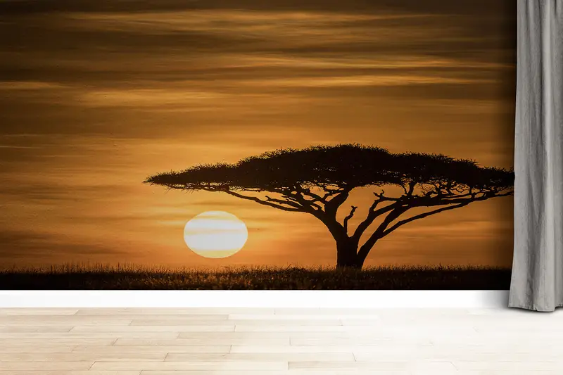 Serengeti Sunrise Landscape, Wall Paper Peel and Stick, Paper Wall Art, Modern Wall Paper, Africa View Wall Art, - 1