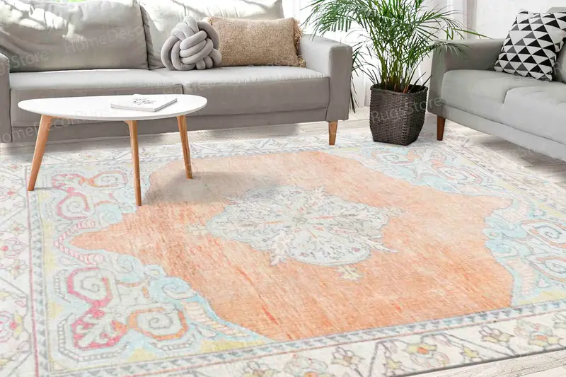 エスニックメダリオンプリントラグ：ソフトトーン、落ち着いた花柄