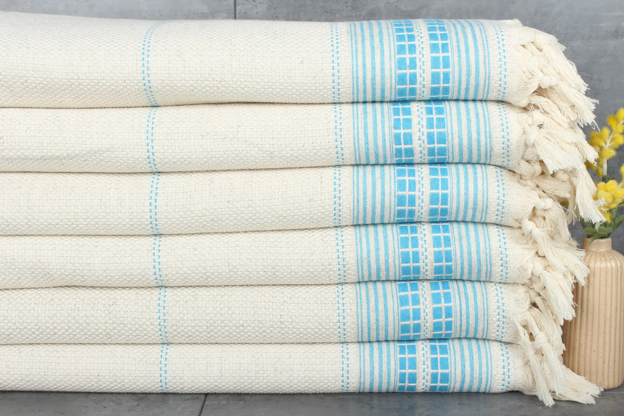 Woven Throw Blanket Turquoise Linen Chevron Embroidered, 93x95 Inches - 1