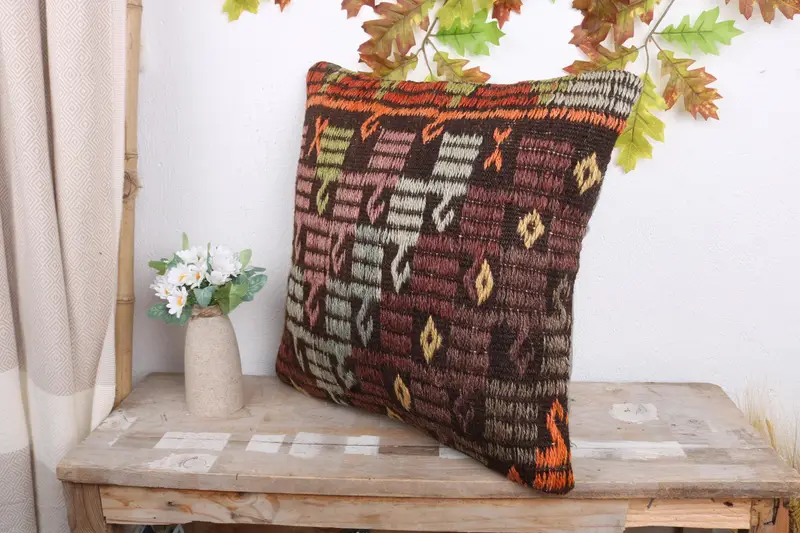Kilim Pillow Cover, Bolster Throw Pillow Cover, Gift Pillow, 18x18 Purple Cushion, Handmade Kilim Cushion, Cushion, Muted Cushion Cover - 4