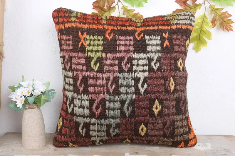 Kilim Pillow Cover, Bolster Throw Pillow Cover, Gift Pillow, 18x18 Purple Cushion, Handmade Kilim Cushion, Cushion, Muted Cushion Cover - 2