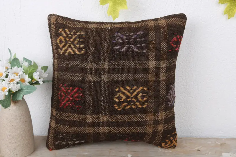 Ethnic Pillow, Pillow for Couch, Couch Pillow Case, 12x12 Brown Cushion Case, Turkish Pillow, Pillow Sham, Vintage Kilim Throw Pillow - 2