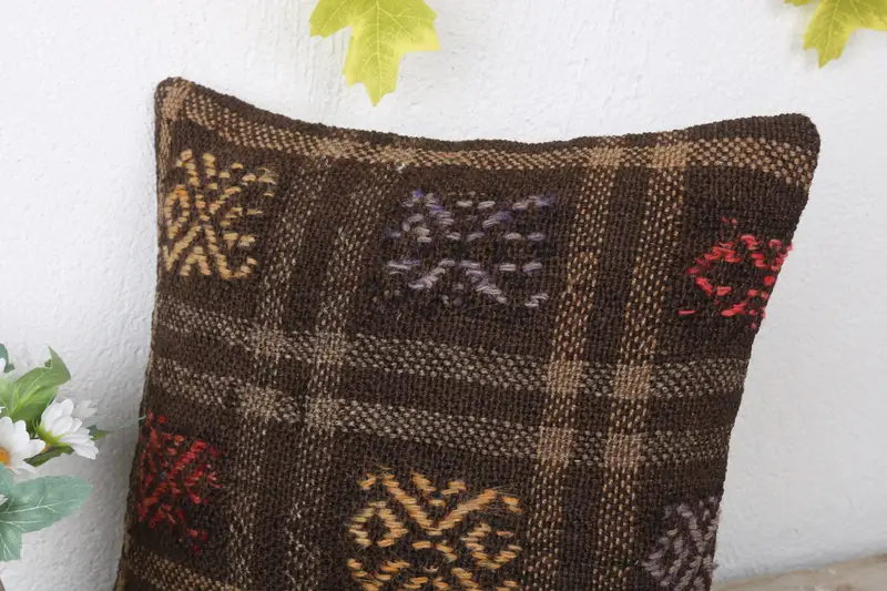 Ethnic Pillow, Pillow for Couch, Couch Pillow Case, 12x12 Brown Cushion Case, Turkish Pillow, Pillow Sham, Vintage Kilim Throw Pillow - 5