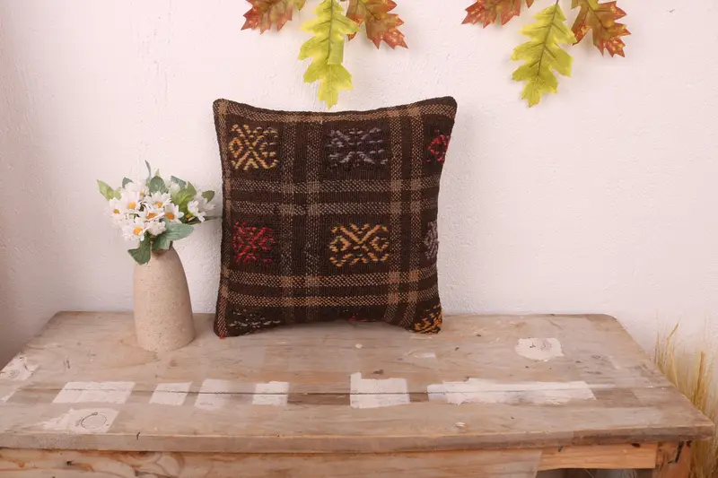 Ethnic Pillow, Pillow for Couch, Couch Pillow Case, 12x12 Brown Cushion Case, Turkish Pillow, Pillow Sham, Vintage Kilim Throw Pillow - 1