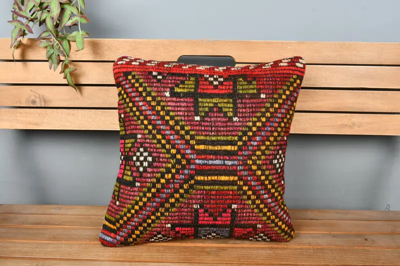 Cushion Case, Handwoven Pillow Cover Pillow Cover, 18x18 Red Pillow Case, Kilim Pillow Cover, Boho Pillow Sham Cover, Gift Pillow - 6