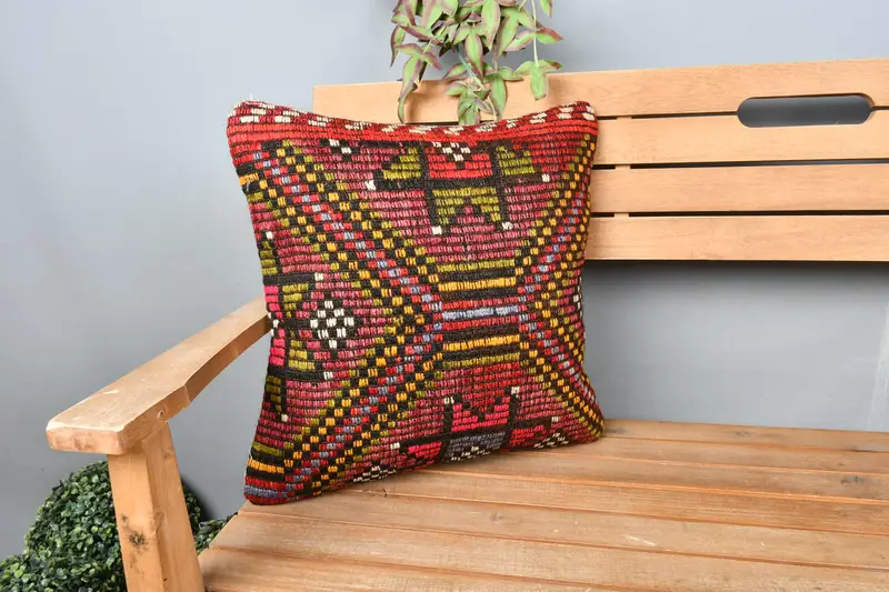 Cushion Case, Handwoven Pillow Cover Pillow Cover, 18x18 Red Pillow Case, Kilim Pillow Cover, Boho Pillow Sham Cover, Gift Pillow - 1