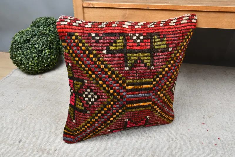 Cushion Case, Handwoven Pillow Cover Pillow Cover, 18x18 Red Pillow Case, Kilim Pillow Cover, Boho Pillow Sham Cover, Gift Pillow - 7