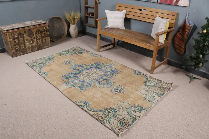 Vintage Türk Oushak Bölge Halısı 3,8x7 ft, Mavi Çiçekli Halı Yün - 1