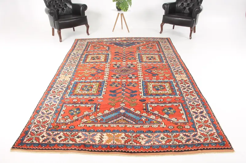 Turkish Oushak Large Rug 6.3x10 ft (192x305 cm), Vintage Red Floral Rug - 1