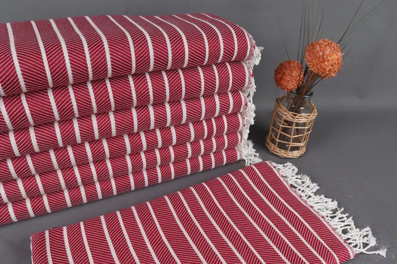 Organic Beach Towel Dark Red Herringbone, Organic Cotton, 40x71 Inches