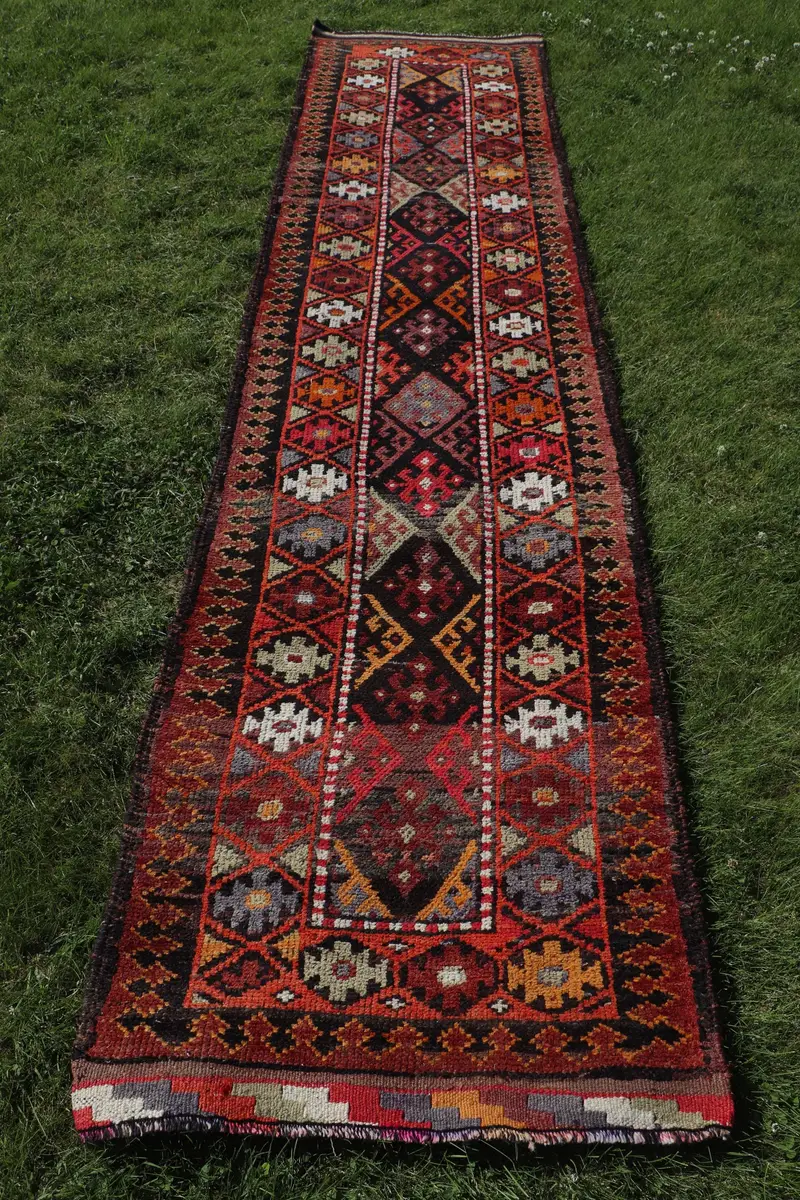 Siyah, Turuncu Patchwork Halı, 2,8x12,2 ft Şık Dekor