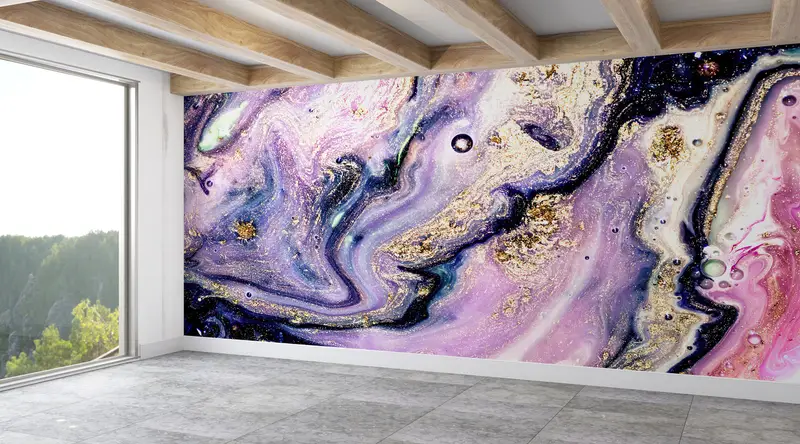 Zarif Baskılı Duvar Kağıdı: Mor Mermer Pırıltılı Altın Siyah