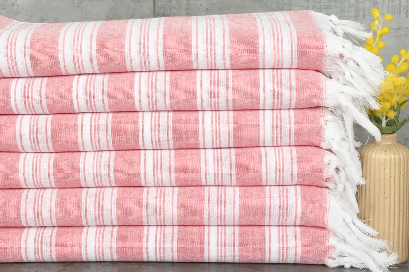 Personalized Beach Towel Light Red Stripes, Organic Cotton, 40x71 Inches