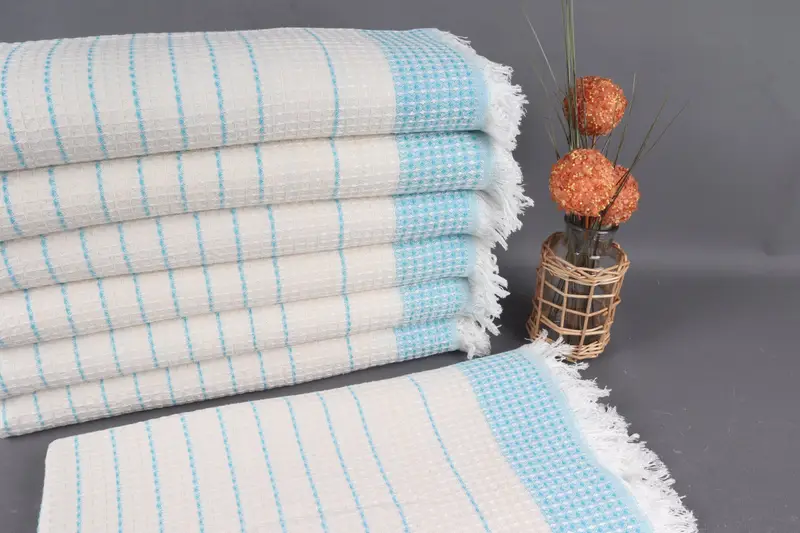 Organic Cotton Beach Towel Light Turquoise with Beige, 40x71 Inches