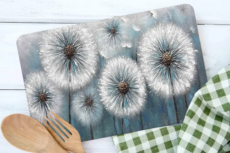 抽象的なタンポポのガラスのまな板、モダンなトレンディなキッチンの必需品