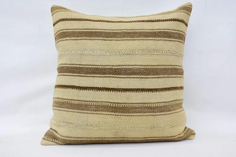 Large Square Striped Turkish Pillow Sham, Antique Beige Gift for Her 32x32 inch Pillow - 1