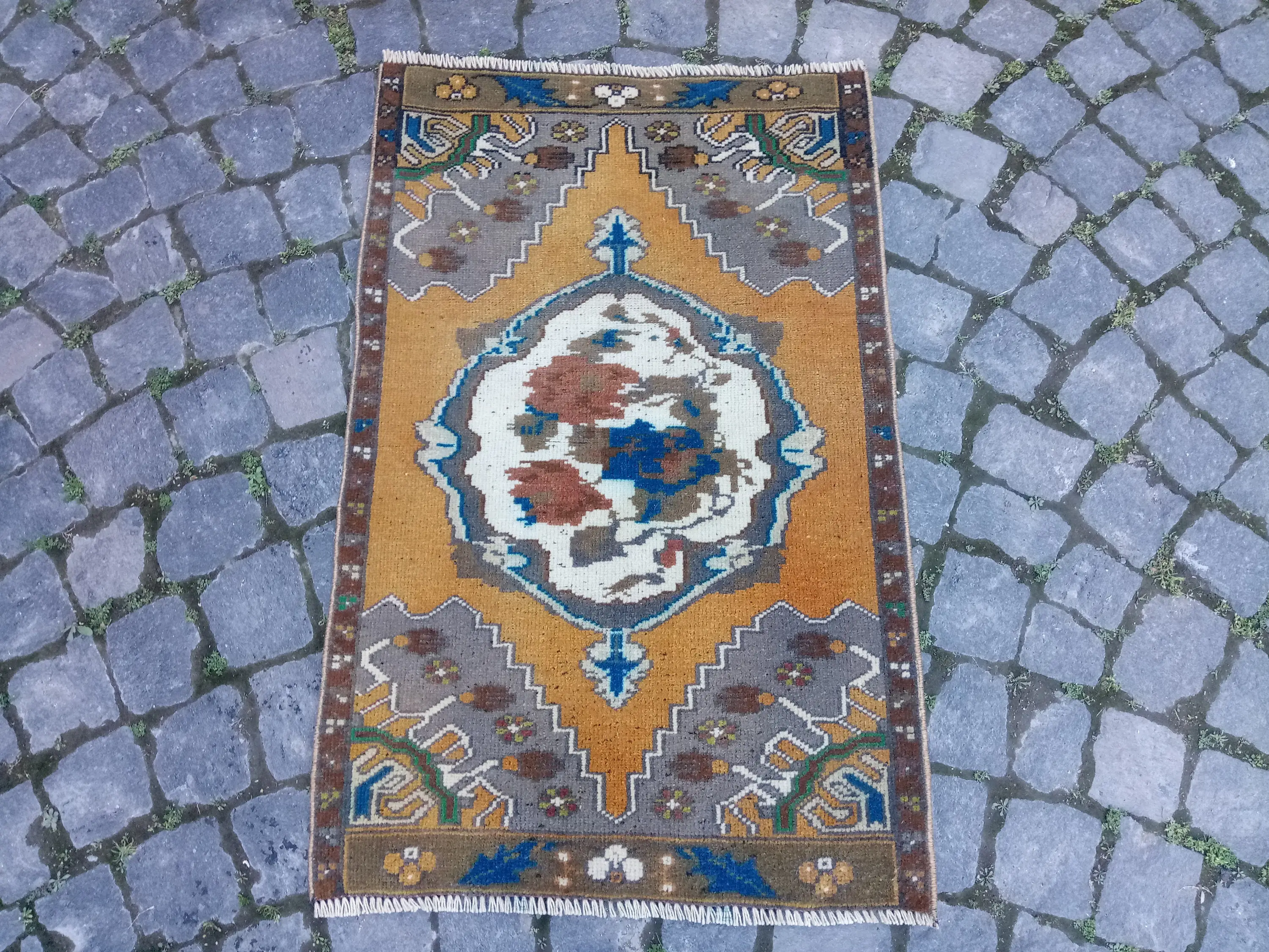 1.9x3 ft Vintage Turkish Rug, Small Rug, Brown Blue Rug - 1