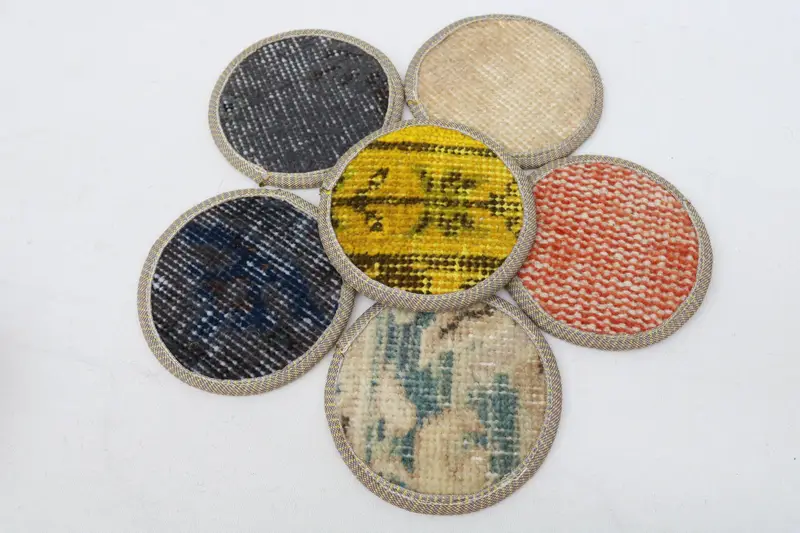 Bohemian Beige and Red Round Coaster, Unique Kilim Coaster