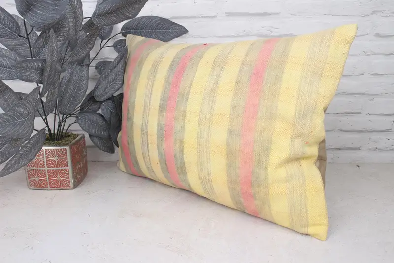 Throw Kilim Pillow, Kilim Pillow, Gift Pillow, Neutral Throw Pillow Sham, 16x24 Yellow Cushion, Cushion Case, Handmade Rug Seat Cushion Case - 4