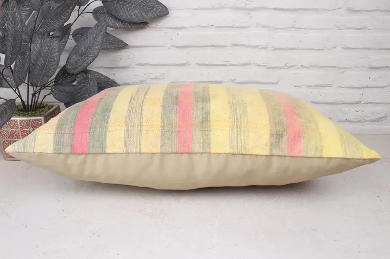 Throw Kilim Pillow, Kilim Pillow, Gift Pillow, Neutral Throw Pillow Sham, 16x24 Yellow Cushion, Cushion Case, Handmade Rug Seat Cushion Case - 5