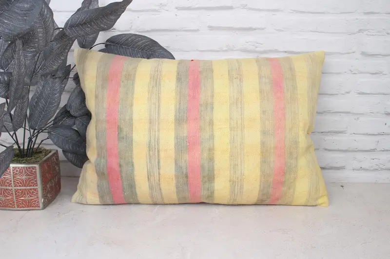 Throw Kilim Pillow, Kilim Pillow, Gift Pillow, Neutral Throw Pillow Sham, 16x24 Yellow Cushion, Cushion Case, Handmade Rug Seat Cushion Case - 1