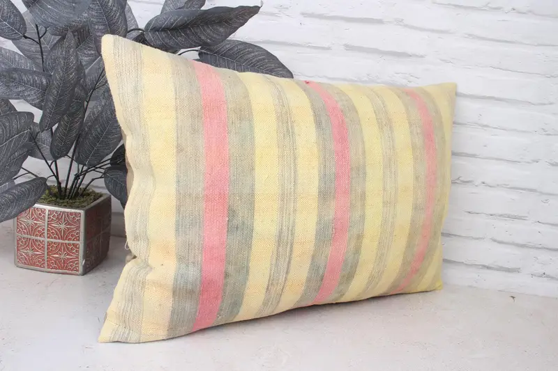 Throw Kilim Pillow, Kilim Pillow, Gift Pillow, Neutral Throw Pillow Sham, 16x24 Yellow Cushion, Cushion Case, Handmade Rug Seat Cushion Case - 3