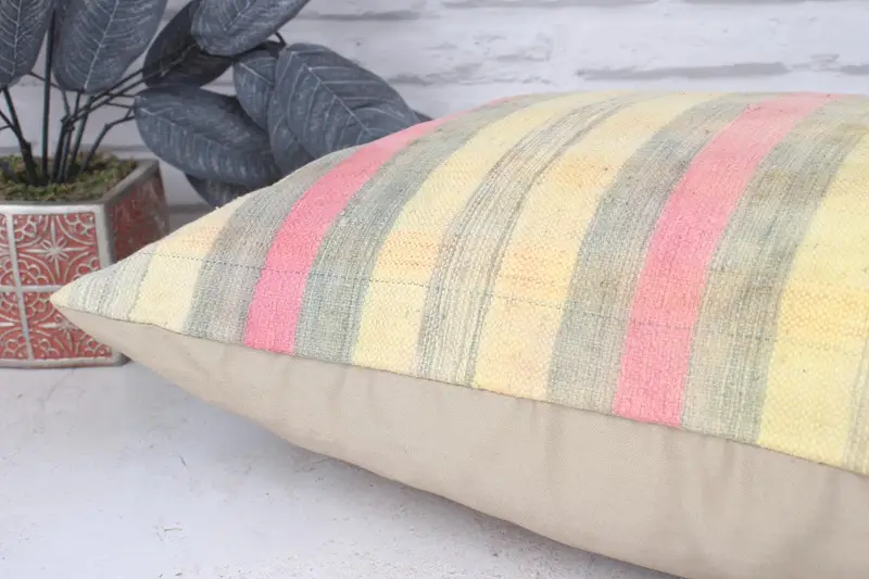 Throw Kilim Pillow, Kilim Pillow, Gift Pillow, Neutral Throw Pillow Sham, 16x24 Yellow Cushion, Cushion Case, Handmade Rug Seat Cushion Case - 6