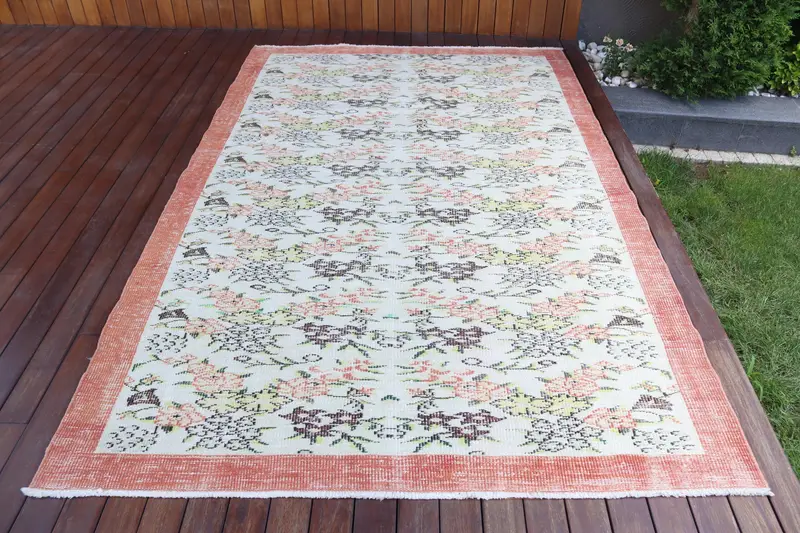 5.5x8.9 ft Türk Halısı, Vintage Büyük Halı, Beyaz Turuncu Halı - 1