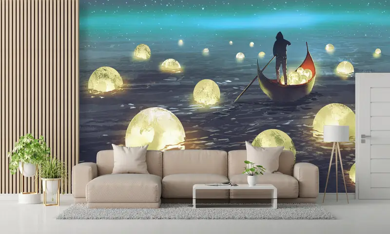 Papel pintado impreso: Paisaje nocturno iluminado por la luna con barco